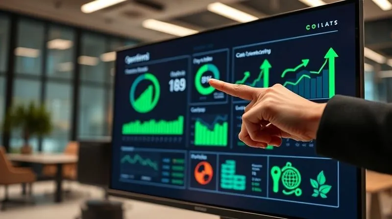 A photorealistic image of a financial dashboard on a sleek monitor, displaying various KPIs like 'Operating Cash Flow Ratio', 'Days Sales Outstanding', and 'Cash Conversion Cycle' with green upward arrows, indicating positive trends. A professional hand is pointing to a specific metric on the screen. Cinematic lighting, sharp focus on the dashboard, depth of field blurring the background of a modern office, 8K hyper-detailed, shot on a high-end DSLR.