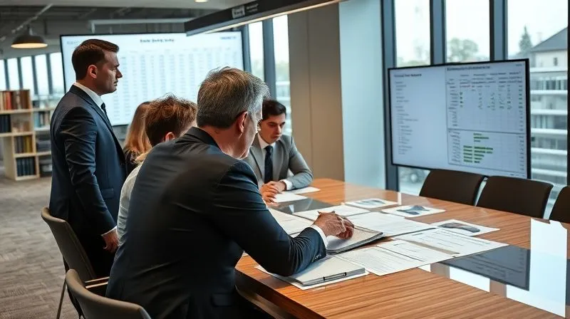 A photorealistic, professional photography, 8K, cinematic lighting, sharp focus, depth of field, shot on a high-end DSLR. A diverse group of facility management professionals, dressed in business casual attire, intently reviewing contractor proposals and performance reports around a modern conference table. One person points to a detailed spreadsheet on a large screen, while others take notes, conveying a sense of meticulous vetting and strategic decision-making. The atmosphere is serious and analytical. A photorealistic, professional photography, 8K, cinematic lighting, sharp focus, depth of field, shot on a high-end DSLR. A diverse group of facility management professionals, dressed in business casual attire, intently reviewing contractor proposals and performance reports around a modern conference table. One person points to a detailed spreadsheet on a large screen, while others take notes, conveying a sense of meticulous vetting and strategic decision-making. The atmosphere is serious and analytical.