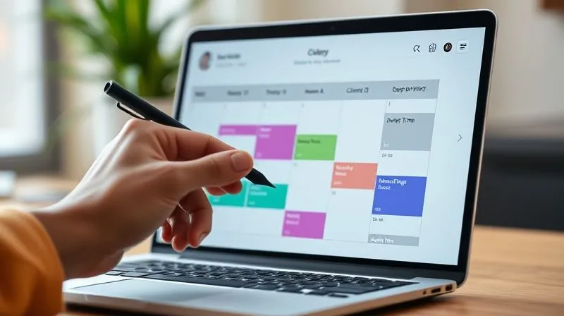 photorealistic, professional photography, 8K, cinematic lighting, sharp focus, depth of field, shot on a high-end DSLR. A minimalist, sleek digital calendar interface on a laptop screen, displaying color-coded blocks for 'Deep Work: Client A', 'Meetings: Client B', and 'Admin Time'. A hand is gently interacting with a precise stylus, highlighting the organized structure. The background is softly blurred, emphasizing focus on the screen, with natural light streaming in. photorealistic, professional photography, 8K, cinematic lighting, sharp focus, depth of field, shot on a high-end DSLR. A minimalist, sleek digital calendar interface on a laptop screen, displaying color-coded blocks for 'Deep Work: Client A', 'Meetings: Client B', and 'Admin Time'. A hand is gently interacting with a precise stylus, highlighting the organized structure. The background is softly blurred, emphasizing focus on the screen, with natural light streaming in.