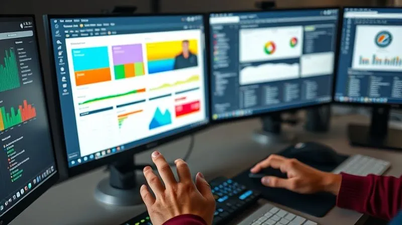 photorealistic, professional photography, 8K, cinematic lighting, sharp focus, depth of field, shot on a high-end DSLR. A multi-screen workstation, with one screen displaying a colorful project management dashboard (like Asana or ClickUp), another showing a communication platform (like Slack), and a third with a CRM interface. Hands are hovering over a keyboard and mouse, indicating active, seamless interaction. The overall impression is one of organized digital mastery and efficiency. photorealistic, professional photography, 8K, cinematic lighting, sharp focus, depth of field, shot on a high-end DSLR. A multi-screen workstation, with one screen displaying a colorful project management dashboard (like Asana or ClickUp), another showing a communication platform (like Slack), and a third with a CRM interface. Hands are hovering over a keyboard and mouse, indicating active, seamless interaction. The overall impression is one of organized digital mastery and efficiency.