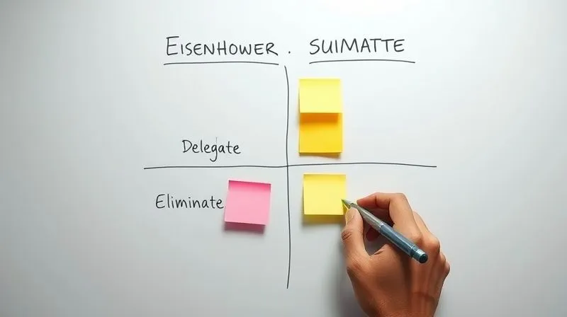 photorealistic, professional photography, 8K, cinematic lighting, sharp focus, depth of field, shot on a high-end DSLR. A clean, minimalist whiteboard with the Eisenhower Matrix clearly drawn: four quadrants labeled 'Do First', 'Schedule', 'Delegate', 'Eliminate'. Digital sticky notes in different colors fill the quadrants, representing various consulting tasks. A hand with a pen is adding a new note to the 'Schedule' quadrant. The lighting is bright and focused on the board, suggesting clarity and strategic thought. photorealistic, professional photography, 8K, cinematic lighting, sharp focus, depth of field, shot on a high-end DSLR. A clean, minimalist whiteboard with the Eisenhower Matrix clearly drawn: four quadrants labeled 'Do First', 'Schedule', 'Delegate', 'Eliminate'. Digital sticky notes in different colors fill the quadrants, representing various consulting tasks. A hand with a pen is adding a new note to the 'Schedule' quadrant. The lighting is bright and focused on the board, suggesting clarity and strategic thought.