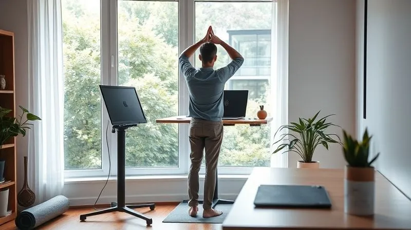 photorealistic, professional photography, 8K, cinematic lighting, sharp focus, depth of field, shot on a high-end DSLR. A serene, modern home office space bathed in soft, natural light. A consultant is seen taking a mindful stretch at their standing desk, looking out a window at a lush green landscape. A yoga mat is subtly rolled up in the corner, and a healthy plant sits on the desk. The atmosphere is calm and restorative, emphasizing well-being amidst work. photorealistic, professional photography, 8K, cinematic lighting, sharp focus, depth of field, shot on a high-end DSLR. A serene, modern home office space bathed in soft, natural light. A consultant is seen taking a mindful stretch at their standing desk, looking out a window at a lush green landscape. A yoga mat is subtly rolled up in the corner, and a healthy plant sits on the desk. The atmosphere is calm and restorative, emphasizing well-being amidst work.
