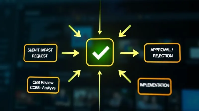 A photorealistic image of a digital workflow diagram showing arrows moving between icons representing 'Submit Request', 'Impact Analysis', 'CCB Review', 'Approval/Rejection', and 'Implementation', with a green checkmark indicating successful flow. Professional, 8K, cinematic lighting, sharp focus, depth of field. A photorealistic image of a digital workflow diagram showing arrows moving between icons representing 'Submit Request', 'Impact Analysis', 'CCB Review', 'Approval/Rejection', and 'Implementation', with a green checkmark indicating successful flow. Professional, 8K, cinematic lighting, sharp focus, depth of field.