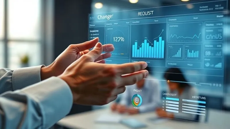 A photorealistic, professional photography, 8K, cinematic lighting, sharp focus, depth of field, shot on a high-end DSLR, depicting a project manager's hands interacting with a sleek, futuristic holographic interface displaying project metrics, timelines, and a 'change request' dashboard, with a team collaborating in the softly blurred background. A photorealistic, professional photography, 8K, cinematic lighting, sharp focus, depth of field, shot on a high-end DSLR, depicting a project manager's hands interacting with a sleek, futuristic holographic interface displaying project metrics, timelines, and a 'change request' dashboard, with a team collaborating in the softly blurred background.
