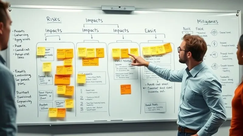 A photorealistic, professional photography, 8K, cinematic lighting, sharp focus, depth of field, shot on a high-end DSLR, depicting a detailed, professional whiteboard with complex flowcharts and sticky notes categorizing 'Risks', 'Impacts', and 'Mitigation Strategies' for a project, with a focused team member pointing to a critical area. A photorealistic, professional photography, 8K, cinematic lighting, sharp focus, depth of field, shot on a high-end DSLR, depicting a detailed, professional whiteboard with complex flowcharts and sticky notes categorizing 'Risks', 'Impacts', and 'Mitigation Strategies' for a project, with a focused team member pointing to a critical area.