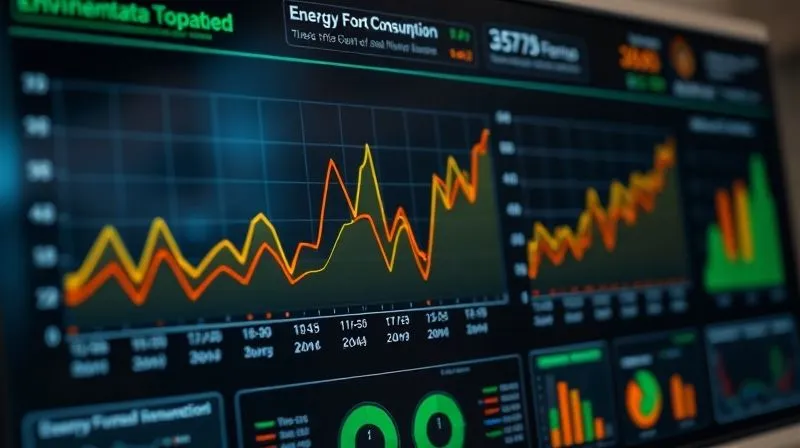 A photorealistic image of a detailed dashboard displaying historical environmental data graphs, showing energy consumption and waste generation trends over time, with a clear 'baseline' marker, 8K, cinematic lighting, sharp focus on data points, depth of field blurring the background.