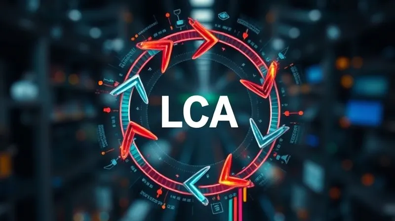 A photorealistic abstract visualization of a circular lifecycle assessment (LCA) diagram, with arrows indicating material flow from raw materials to manufacturing, distribution, use, and disposal/recycling, interconnected nodes representing different stages, 8K, cinematic lighting, sharp focus, depth of field blurring the background, high-tech aesthetic.