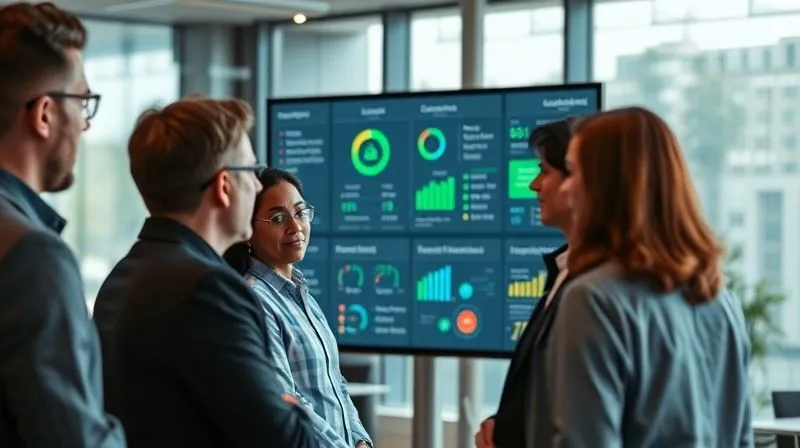 A photorealistic image of a diverse group of professionals in a modern office, collaboratively reviewing a large digital display showing a comprehensive sustainability report dashboard with various environmental metrics, charts, and impact reductions, 8K, cinematic lighting, sharp focus on the screen and engaged faces, depth of field blurring the background.