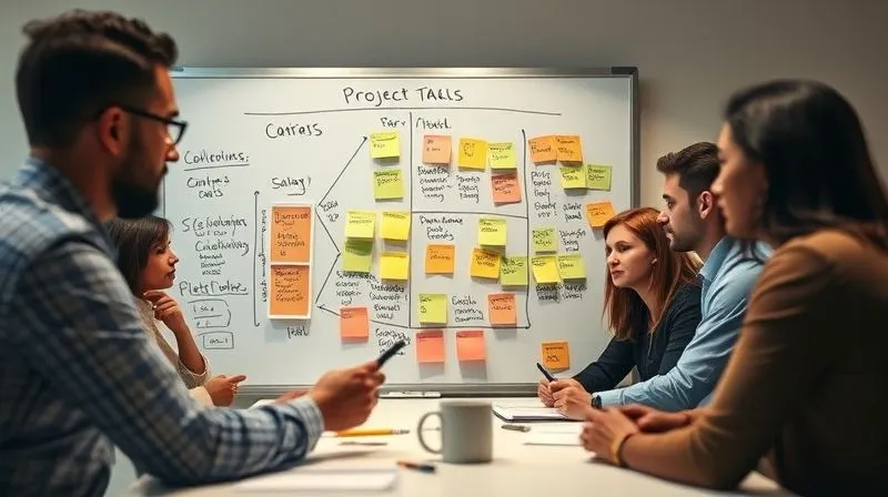Photorealistic, professional photography, 8K, cinematic lighting, sharp focus, depth of field, shot on a high-end DSLR. A team of diverse remote workers collaboratively brainstorming on a virtual whiteboard, their individual tasks clearly outlined and linked to overarching project goals, with digital sticky notes and flowcharts representing defined outcomes and deliverables. The image conveys clear communication and shared understanding.