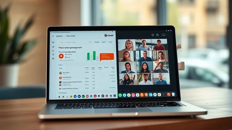 Photorealistic, professional photography, 8K, cinematic lighting, sharp focus, depth of field, shot on a high-end DSLR. A split-screen view on a laptop, one side showing a vibrant project management dashboard with tasks, deadlines, and team assignments, the other side displaying a video call with diverse team members collaborating. The scene is modern, clean, and highlights seamless integration of technology for remote work.