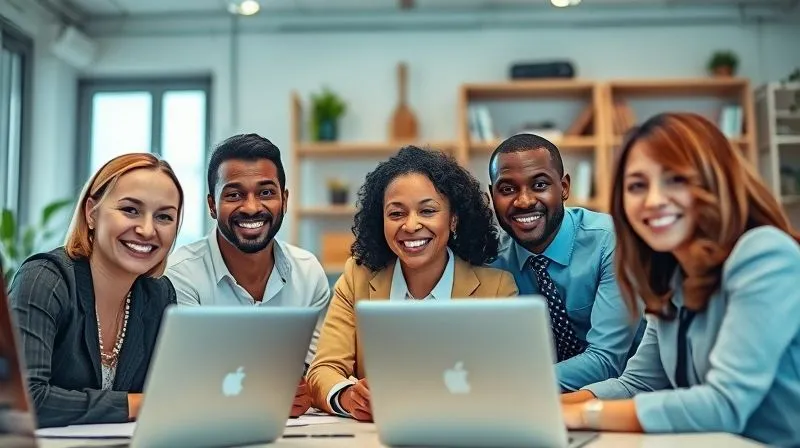 Photorealistic, professional photography, 8K, cinematic lighting, sharp focus, depth of field, shot on a high-end DSLR. A diverse team of professionals engaged in a virtual meeting, all smiling and actively participating, with a sense of camaraderie and mutual respect. The background shows blurred elements of individual home offices, highlighting autonomy within a connected team, symbolizing trust and open communication.