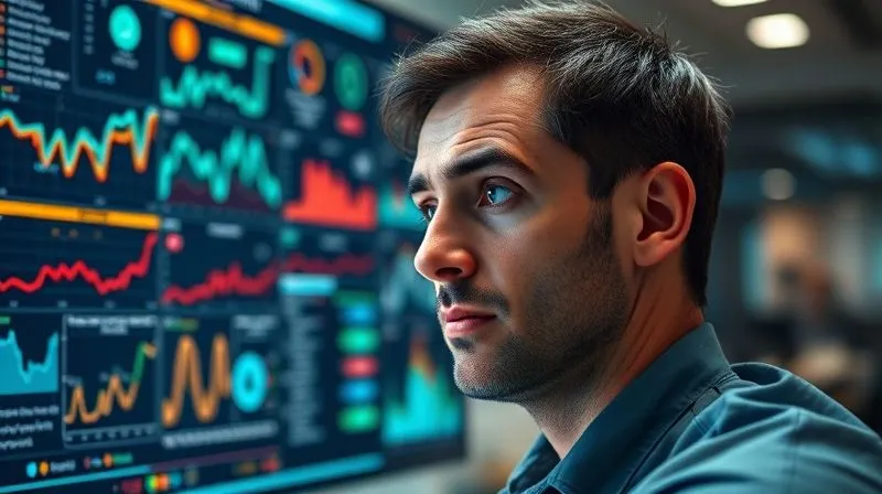 Photorealistic, professional photography, 8K, cinematic lighting, sharp focus, depth of field, shot on a high-end DSLR. A person looking perplexed at a complex, cluttered digital dashboard filled with irrelevant data points and graphs, with a visible sense of frustration. The lighting is harsh, emphasizing the 'pitfall' aspect, contrasted with a blurred background of a serene, organized workspace, symbolizing the struggle between effective and ineffective measurement.