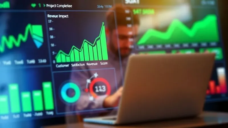Photorealistic, professional photography, 8K, cinematic lighting, sharp focus on a digital dashboard displaying key performance indicators (KPIs) like 'Project Completion Rate', 'Customer Satisfaction Score', and 'Revenue Impact' with green upward trends, depth of field blurring a remote worker collaborating on a laptop in the background, shot on a high-end DSLR. The dashboard highlights outcomes, not just activity, in a clean, modern interface. Photorealistic, professional photography, 8K, cinematic lighting, sharp focus on a digital dashboard displaying key performance indicators (KPIs) like 'Project Completion Rate', 'Customer Satisfaction Score', and 'Revenue Impact' with green upward trends, depth of field blurring a remote worker collaborating on a laptop in the background, shot on a high-end DSLR. The dashboard highlights outcomes, not just activity, in a clean, modern interface.