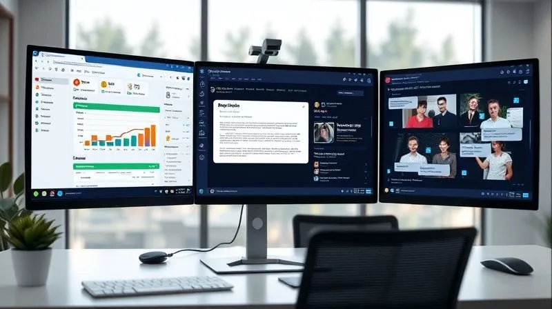 A photorealistic, professional image depicting a clean, modern digital workspace with various open windows on a large monitor: a project management tool (like Asana or Trello) showing clear task progress, a shared document for collaborative editing, and a team communication app (like Slack) with focused, professional conversations. The scene is well-lit, showing organized digital flow, emphasizing asynchronous collaboration and clear task visibility. Professional photography, 8K, cinematic lighting, sharp focus on the screens, depth of field blurring the background, shot on a high-end DSLR. A photorealistic, professional image depicting a clean, modern digital workspace with various open windows on a large monitor: a project management tool (like Asana or Trello) showing clear task progress, a shared document for collaborative editing, and a team communication app (like Slack) with focused, professional conversations. The scene is well-lit, showing organized digital flow, emphasizing asynchronous collaboration and clear task visibility. Professional photography, 8K, cinematic lighting, sharp focus on the screens, depth of field blurring the background, shot on a high-end DSLR.