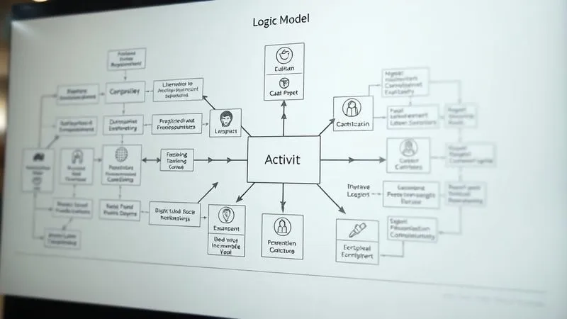 A photorealistic diagram of a complex logic model, showing inputs, activities, outputs, outcomes, and impact flowing logically, with clear arrows and diverse icons representing each stage. Professional photography, 8K, cinematic lighting, sharp focus, depth of field.