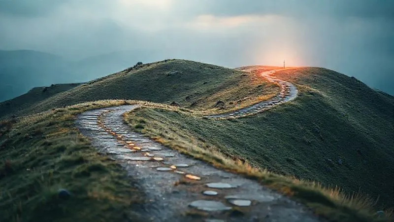 A photorealistic, professional photography, 8K, cinematic lighting, sharp focus, depth of field, shot on a high-end DSLR of a winding path with milestones and decision points, metaphorically representing a 'Theory of Change'. The path leads to a bright, positive future outcome, with various stakeholders visible along the journey.
