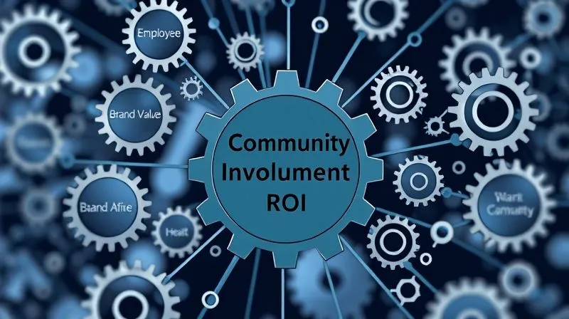 A photorealistic image showing a complex network of interconnected gears, each representing a different business or community goal (e.g., 'Employee Morale', 'Brand Value', 'Community Health'). One central, larger gear is labeled 'Community Involvement ROI', with visible connections to all other gears. Cinematic lighting, sharp focus on the gears, depth of field blurring the background, shot on a high-end DSLR, 8K hyper-detailed.