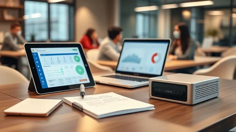 A photorealistic image showing a diverse set of data collection tools arranged neatly on a modern desk: a tablet displaying a survey interface, a laptop with analytics software, a notepad with qualitative feedback, and a small, secure data server box. The lighting is bright and professional, emphasizing precision and organization. Sharp focus on the tools, depth of field blurring a background of diverse people collaborating. Shot on a high-end DSLR, 8K hyper-detailed.
