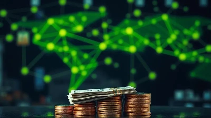 A photorealistic image of a complex supply chain network, with glowing green lines representing optimized, sustainable routes connecting various factories and warehouses. In the foreground, a stack of bills and coins clearly indicates cost savings. Cinematic lighting, sharp focus on the financial elements, depth of field blurring the background network, 8K hyper-detailed.