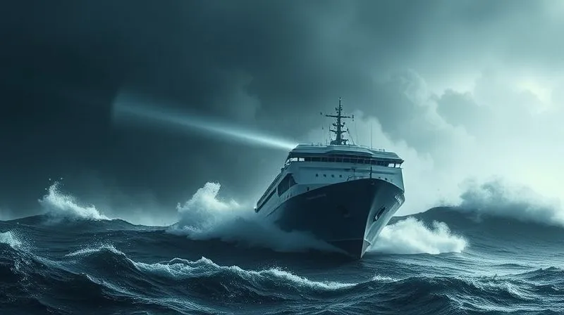 A photorealistic image of a ship navigating through turbulent, stormy seas, with a lighthouse beam cutting through the darkness, symbolizing risk mitigation and resilience. The ship is clearly marked with a subtle, modern sustainability logo. Cinematic lighting, dramatic waves, sharp focus on the ship, depth of field blurring the distant storm, 8K hyper-detailed.