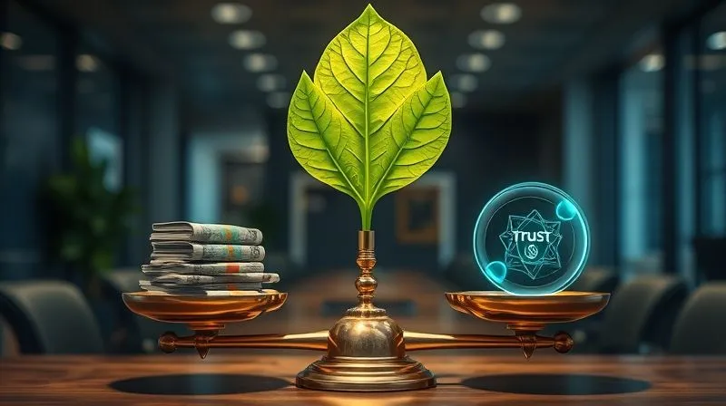 A photorealistic image of a giant, glowing green leaf, symbolizing sustainable growth, delicately balancing a set of old-fashioned brass scales, with stacks of modern currency on one side and intangible assets like "Trust" and "Reputation" represented by abstract light forms on the other. Cinematic lighting, sharp focus on the balance, depth of field blurring a corporate office background, 8K hyper-detailed.