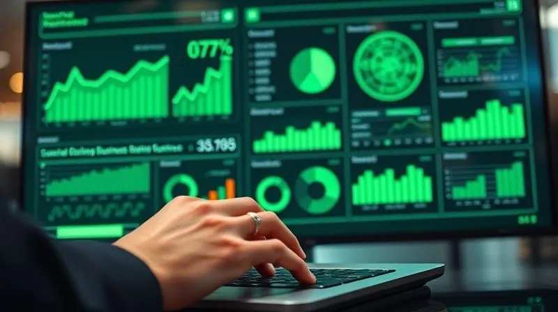 A photorealistic image of a modern, sleek data analytics dashboard displaying various charts and graphs related to sustainable business performance, with clear financial metrics prominently featured. The screen glows with a soft green light, reflecting on a professional's hands typing on a keyboard. Cinematic lighting, sharp focus on the screen, depth of field blurring the office background, 8K hyper-detailed.