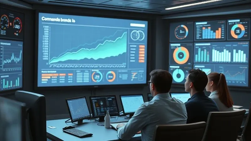 photorealistic, professional photography, 8K, cinematic lighting, sharp focus, depth of field, shot on a high-end DSLR, a sophisticated, futuristic command center with multiple large screens displaying a comprehensive brand ROI dashboard. The main screen shows a financial chart with a clear upward trend, overlaid with brand equity scores and customer loyalty metrics. Smaller screens show real-time social sentiment analysis and market share data. A diverse team of marketing and data scientists are observing the data with focused expressions, collaborating to interpret the results. The room is softly lit, creating an atmosphere of deep analysis and strategic decision-making.
