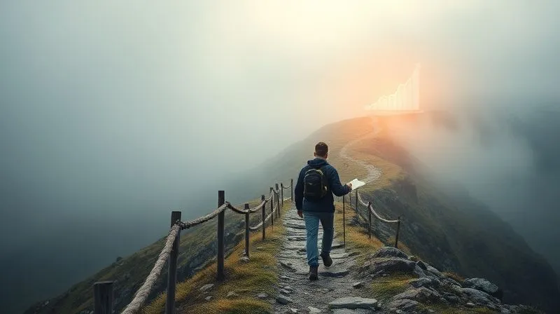 photorealistic, professional photography, 8K, cinematic lighting, sharp focus, depth of field, shot on a high-end DSLR, a winding, challenging mountain path with fog partially obscuring the view, symbolizing the complexities of measuring brand ROI. A determined business professional in hiking gear is navigating the path with a compass and map, representing strategic planning and data analysis. The path leads towards a clearing where a bright, glowing graph of financial growth is visible in the distance, signifying the reward of effective measurement. The atmosphere is one of perseverance and eventual clarity.