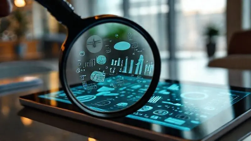 A photorealistic, professional photography shot of a magnifying glass hovering over intricate data visualizations on a tablet screen, revealing intertwined environmental, social, and governance symbols. Cinematic lighting, sharp focus on the tablet, depth of field blurring a modern office background. 8K hyper-detailed.