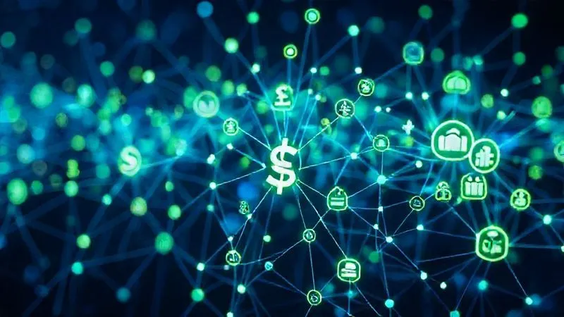 A photorealistic, professional photography shot of a complex, glowing neural network diagram visually connecting financial metrics (represented by currency symbols) with ESG indicators (represented by nature, community, and governance icons). Cinematic blue and green lighting, sharp focus, depth of field. 8K hyper-detailed.