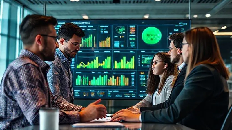 A photorealistic, professional photography shot of a diverse team of financial analysts and sustainability experts collaborating around a large interactive digital dashboard displaying real-time ESG performance metrics alongside financial KPIs. Cinematic overhead lighting, sharp focus on the screen and faces, depth of field blurring the background. 8K hyper-detailed.