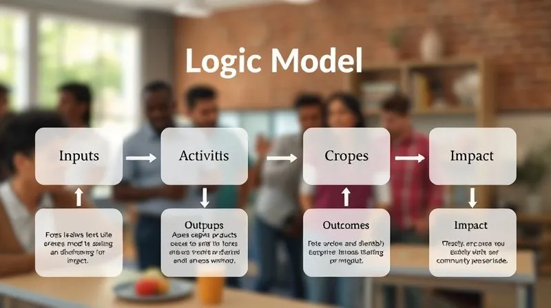 Photorealistic, professional photography, 8K, cinematic lighting, sharp focus, depth of field, shot on a high-end DSLR. A clean, modern infographic displaying a 'Logic Model' diagram with distinct, interconnected boxes for Inputs, Activities, Outputs, Outcomes, and Impact, flowing left to right. Arrows clearly show the progression. The design should be minimalist with subtle glowing lines connecting the boxes, set against a blurred background of people collaborating or a community project. The focus is on clarity and conceptual flow.