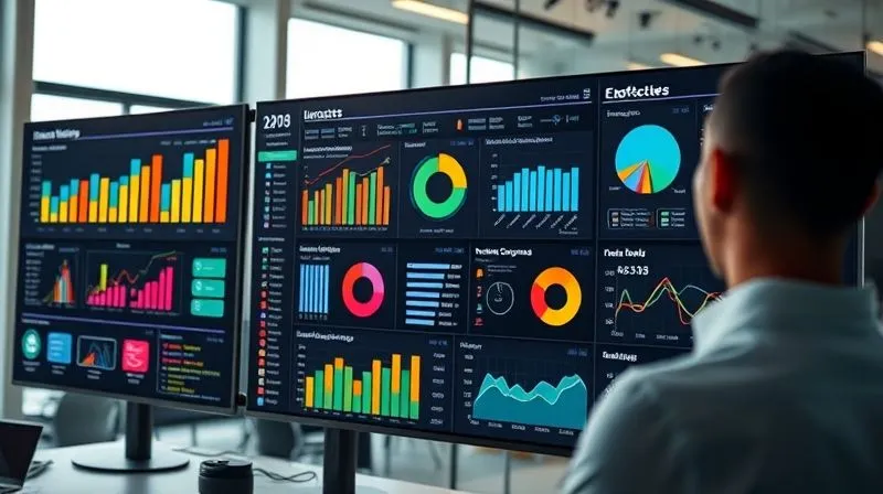 Photorealistic, professional photography, 8K, cinematic lighting, sharp focus, depth of field, shot on a high-end DSLR. A sleek, futuristic data dashboard displayed on multiple high-resolution monitors in a modern, well-lit office. The dashboard shows various charts, graphs, and KPIs related to corporate philanthropy impact: bar charts for volunteer hours, pie charts for community outcomes, and line graphs for long-term social changes. The data is clean, vibrant, and easy to interpret, with a focus on visual storytelling. A corporate professional is subtly visible in the background, reviewing the data with a thoughtful expression.