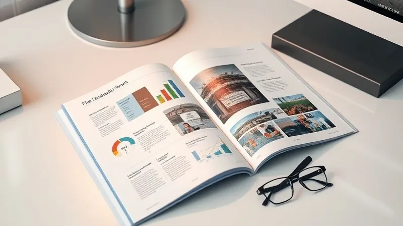 Photorealistic, professional photography, 8K, cinematic lighting, sharp focus, depth of field, shot on a high-end DSLR. A beautifully designed, open corporate annual report or sustainability report, laid out on a clean desk. The pages are open to a section with infographics, charts, and compelling photography illustrating social impact, community engagement, and environmental stewardship. A pen and a pair of reading glasses are subtly placed nearby. The focus is on transparency and elegant presentation of data and storytelling.