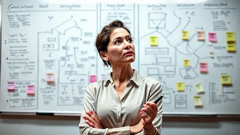 Photorealistic, professional photography, 8K, cinematic lighting, sharp focus, depth of field, shot on a high-end DSLR. A thoughtful entrepreneur, a woman in her late 30s, standing in front of a whiteboard filled with strategic planning diagrams, flowcharts, and sticky notes. She holds a marker, contemplating the connections, her expression focused and analytical, with a subtle sense of calm confidence. The board shows clear pathways, risk assessments, and iterative cycles, symbolizing strategic de-risking. Cinematic lighting highlights her and the board, blurring the background slightly. Photorealistic, professional photography, 8K, cinematic lighting, sharp focus, depth of field, shot on a high-end DSLR. A thoughtful entrepreneur, a woman in her late 30s, standing in front of a whiteboard filled with strategic planning diagrams, flowcharts, and sticky notes. She holds a marker, contemplating the connections, her expression focused and analytical, with a subtle sense of calm confidence. The board shows clear pathways, risk assessments, and iterative cycles, symbolizing strategic de-risking. Cinematic lighting highlights her and the board, blurring the background slightly.