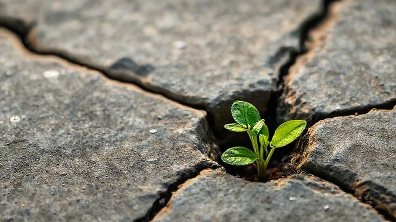 Photorealistic, professional photography, 8K, cinematic lighting, sharp focus, depth of field, shot on a high-end DSLR. A vibrant green seedling with delicate leaves pushing defiantly through a crack in a solid, weathered concrete slab. The concrete symbolizes past struggles or failures, while the thriving seedling represents new growth, resilience, and the power of a growth mindset. Water droplets glisten on the leaves, and soft, warm light illuminates the scene, emphasizing hope and renewal. Photorealistic, professional photography, 8K, cinematic lighting, sharp focus, depth of field, shot on a high-end DSLR. A vibrant green seedling with delicate leaves pushing defiantly through a crack in a solid, weathered concrete slab. The concrete symbolizes past struggles or failures, while the thriving seedling represents new growth, resilience, and the power of a growth mindset. Water droplets glisten on the leaves, and soft, warm light illuminates the scene, emphasizing hope and renewal.