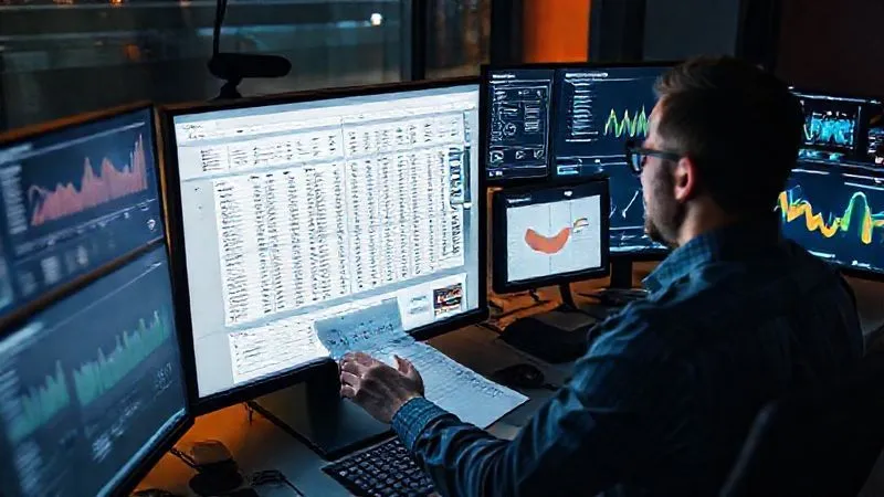 A photorealistic, high-angle shot of a data analyst meticulously organizing a complex spreadsheet on a large monitor, surrounded by multiple screens displaying website analytics graphs and a sitemap. The scene is bathed in professional, ambient office lighting. 8K, cinematic lighting, sharp focus on the main monitor, depth of field blurring the background, shot on a high-end DSLR. A photorealistic, high-angle shot of a data analyst meticulously organizing a complex spreadsheet on a large monitor, surrounded by multiple screens displaying website analytics graphs and a sitemap. The scene is bathed in professional, ambient office lighting. 8K, cinematic lighting, sharp focus on the main monitor, depth of field blurring the background, shot on a high-end DSLR.