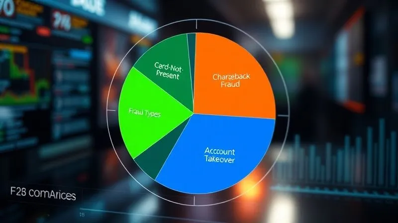 A photorealistic, professional photography, 8K, cinematic lighting, sharp focus, depth of field, shot on a high-end DSLR, showing a stylized pie chart representing various types of e-commerce fraud, with segments clearly labeled for 'Card-Not-Present', 'Chargeback Fraud', 'Account Takeover', and 'Other Fraud Types', visually emphasizing the proportions. The chart is integrated into a digital interface, reflecting data analysis in a secure, futuristic setting. A photorealistic, professional photography, 8K, cinematic lighting, sharp focus, depth of field, shot on a high-end DSLR, showing a stylized pie chart representing various types of e-commerce fraud, with segments clearly labeled for 'Card-Not-Present', 'Chargeback Fraud', 'Account Takeover', and 'Other Fraud Types', visually emphasizing the proportions. The chart is integrated into a digital interface, reflecting data analysis in a secure, futuristic setting.
