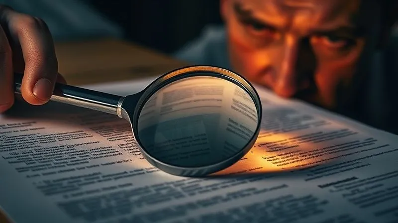 A photorealistic image of a magnifying glass hovering over a complex legal document, highlighting intricate clauses and fine print, with a serious, focused expression on a person's partially visible face in the background. professional photography, 8K, cinematic lighting, sharp focus on the document and magnifying glass, depth of field blurring the background, shot on a high-end DSLR. A photorealistic image of a magnifying glass hovering over a complex legal document, highlighting intricate clauses and fine print, with a serious, focused expression on a person's partially visible face in the background. professional photography, 8K, cinematic lighting, sharp focus on the document and magnifying glass, depth of field blurring the background, shot on a high-end DSLR.