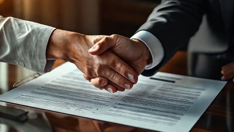 A photorealistic image of two hands shaking over a complex legal document, one hand representing a founder, the other a creditor, with a tense yet professional atmosphere, cinematic lighting, sharp focus on the handshake and document, depth of field, 8K.