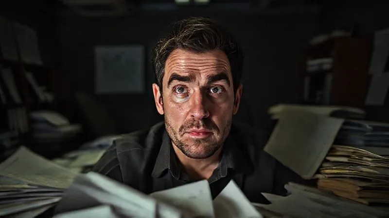 A photorealistic image depicting a founder looking overwhelmed amidst scattered legal documents and a dark, empty office, illustrating the weight of personal liability, with dramatic, low-key cinematic lighting, sharp focus on the founder's face, depth of field, 8K.