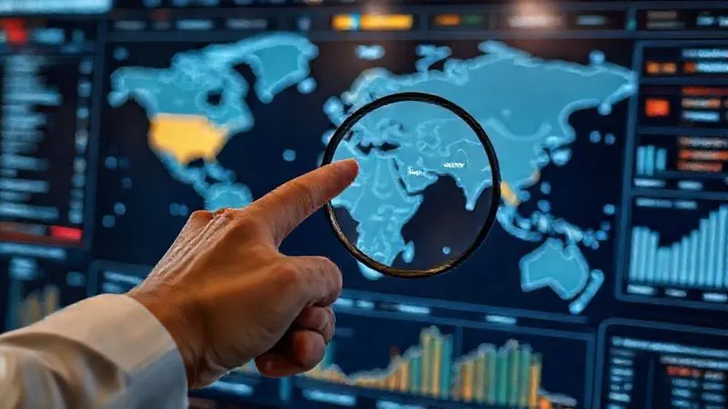 photorealistic, professional photography, 8K, cinematic lighting, sharp focus, depth of field, shot on a high-end DSLR, a person's hand pointing at a complex digital dashboard displaying various global trade agreements, their status, and impending expiration dates, with a magnifying glass hovering over a specific region, conveying meticulous monitoring and strategic oversight.