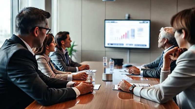 photorealistic, professional photography, 8K, cinematic lighting, sharp focus, depth of field, shot on a high-end DSLR, a diverse group of business leaders in professional attire, seated around a large conference table, engaged in a serious discussion, with one person presenting data on a screen, conveying collaborative industry advocacy and strategic negotiation.