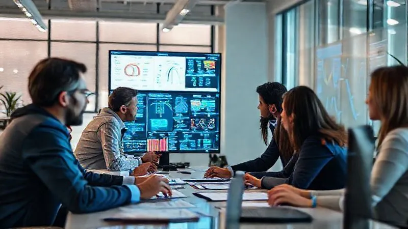 photorealistic, professional photography, 8K, cinematic lighting, sharp focus, depth of field, shot on a high-end DSLR, a dynamic and diverse team of professionals collaboratively analyzing data on multiple screens, with flowcharts and strategy maps visible, in a modern, brightly lit office, conveying agility, continuous improvement, and cross-functional collaboration in trade compliance.