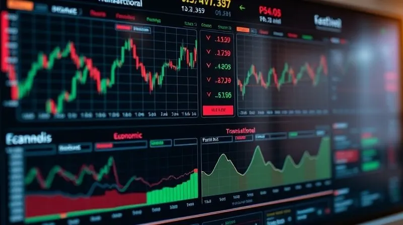 A photorealistic image of a complex financial dashboard displaying various currency pairs, line graphs showing volatility, with different sections subtly highlighting 'Transactional', 'Translational', and 'Economic' risks through color-coded zones, 8K, cinematic lighting, sharp focus on the data, depth of field blurring the background elements, shot on a high-end DSLR.
