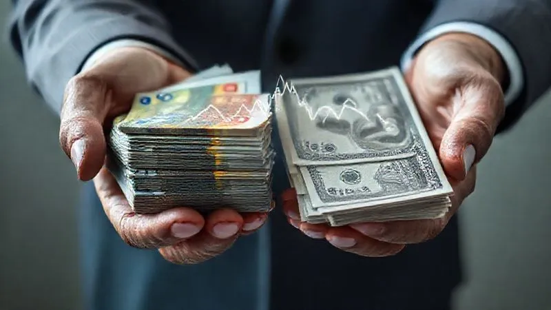 A photorealistic image showing two hands, one holding a stack of euros and the other a stack of US dollars, with a digital graph of fluctuating exchange rates superimposed between them, reflecting uncertainty and instability. Professional photography, 8K, cinematic lighting, sharp focus, depth of field, shot on a high-end DSLR.