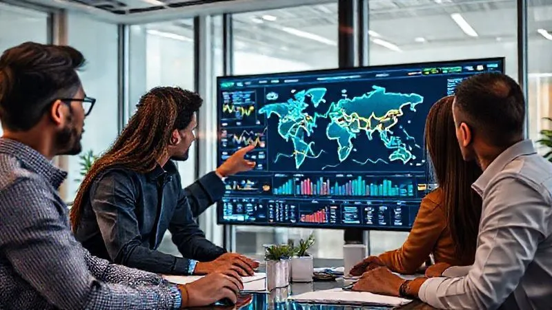 A photorealistic image of a diverse, professional team in a modern office, gathered around a large screen displaying complex financial data visualizations, charts, and a world map with currency flow lines. They are engaged in a focused discussion, pointing at data, conveying collaboration and strategic analysis. Professional photography, 8K, cinematic lighting, sharp focus, depth of field, shot on a high-end DSLR.