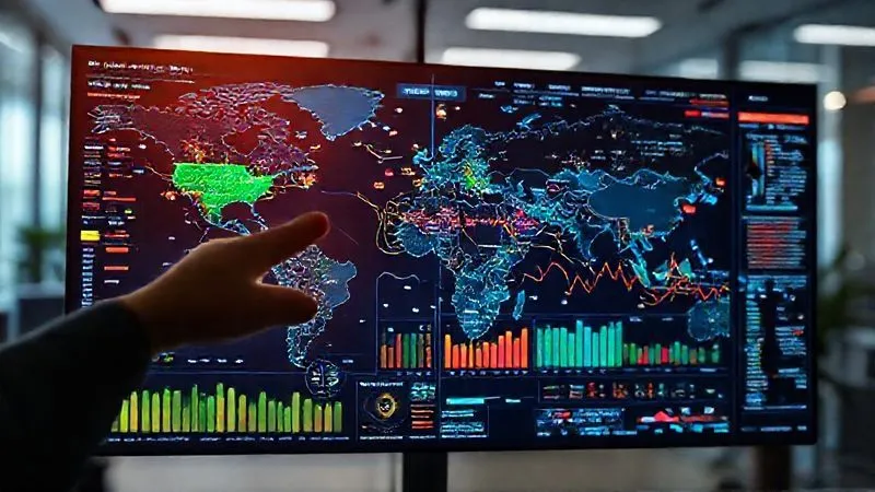 A photorealistic 8K image of a global digital risk dashboard, displaying complex data visualizations of geopolitical hotspots, trade routes, and real-time news feeds. The screen shows color-coded risk levels across different regions, with a hand pointing to an emerging market. Professional photography, cinematic lighting, sharp focus on the data, depth of field blurring a modern office background, shot on a high-end DSLR. A photorealistic 8K image of a global digital risk dashboard, displaying complex data visualizations of geopolitical hotspots, trade routes, and real-time news feeds. The screen shows color-coded risk levels across different regions, with a hand pointing to an emerging market. Professional photography, cinematic lighting, sharp focus on the data, depth of field blurring a modern office background, shot on a high-end DSLR.