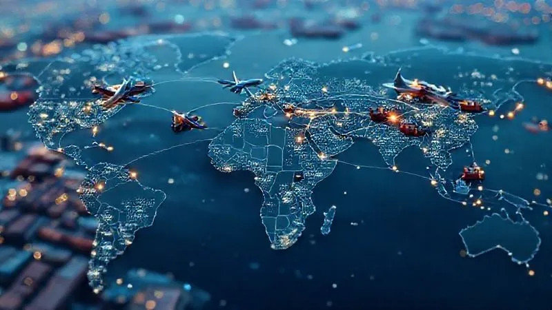 A photorealistic 8K image depicting a complex, resilient global supply chain network. Multiple cargo ships, planes, and trucks are shown moving goods along diverse routes across a world map, some routes highlighted as primary, others as secondary backups. The image conveys robust connectivity and redundancy, with a blurred background of international ports and logistics hubs. Professional photography, cinematic lighting, sharp focus on the network, depth of field, shot on a high-end DSLR. A photorealistic 8K image depicting a complex, resilient global supply chain network. Multiple cargo ships, planes, and trucks are shown moving goods along diverse routes across a world map, some routes highlighted as primary, others as secondary backups. The image conveys robust connectivity and redundancy, with a blurred background of international ports and logistics hubs. Professional photography, cinematic lighting, sharp focus on the network, depth of field, shot on a high-end DSLR.