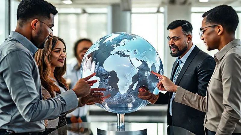A photorealistic 8K image of a diverse, multicultural business team collaborating intently around a holographic globe in a modern, sunlit office. Each team member represents a different background, engaged in discussion, pointing to various regions on the globe, symbolizing global strategy and risk mitigation. Professional photography, cinematic lighting, sharp focus on the team and globe, depth of field, shot on a high-end DSLR. A photorealistic 8K image of a diverse, multicultural business team collaborating intently around a holographic globe in a modern, sunlit office. Each team member represents a different background, engaged in discussion, pointing to various regions on the globe, symbolizing global strategy and risk mitigation. Professional photography, cinematic lighting, sharp focus on the team and globe, depth of field, shot on a high-end DSLR.